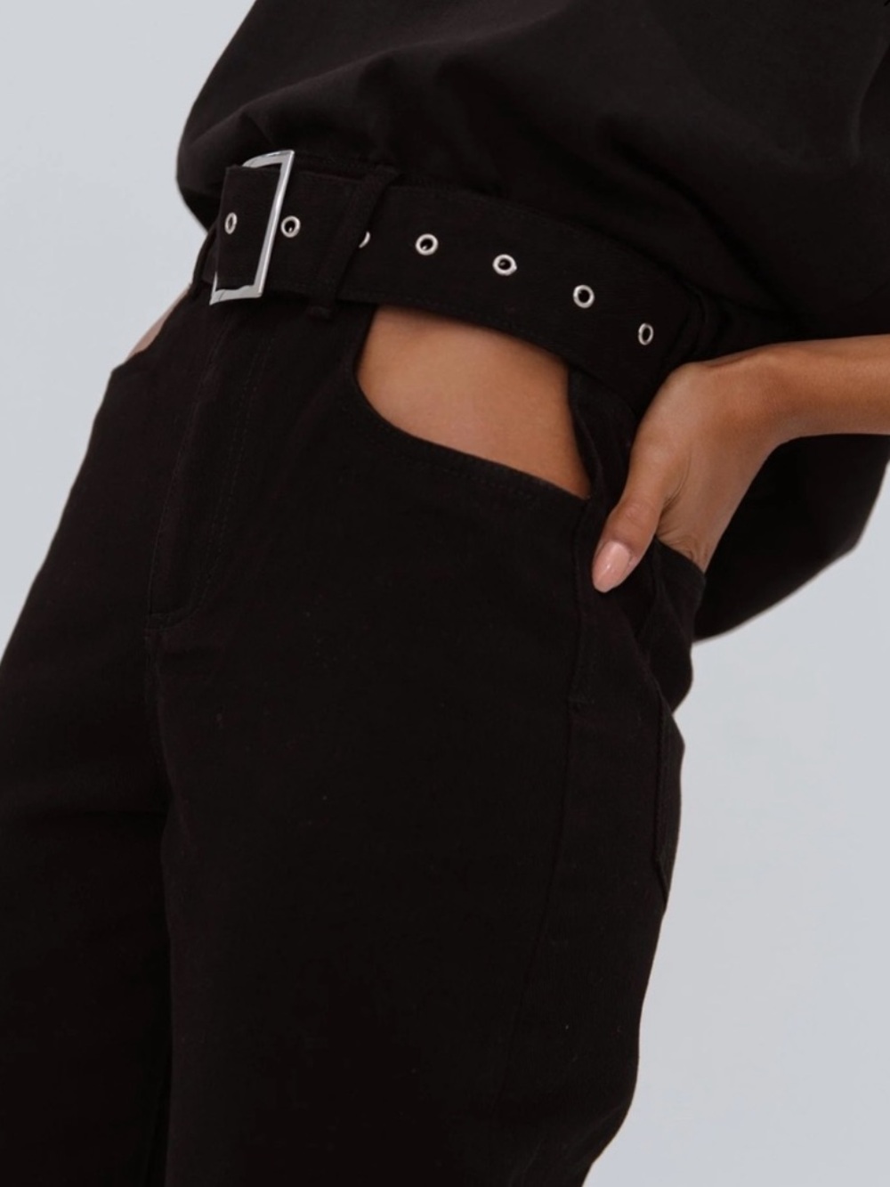 WeWoreWhat Black High-Rise Straight-Leg Jeans with Grommet Belt